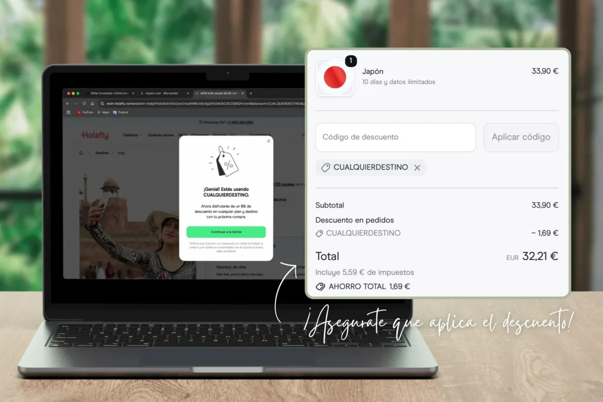 ejemplo para aplicar descuento 5% en compra de eSIM de Holafly