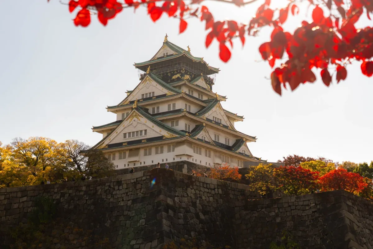 Castillo de Osaka en lo alto, con algunas hojas de Momiji a primera vista.