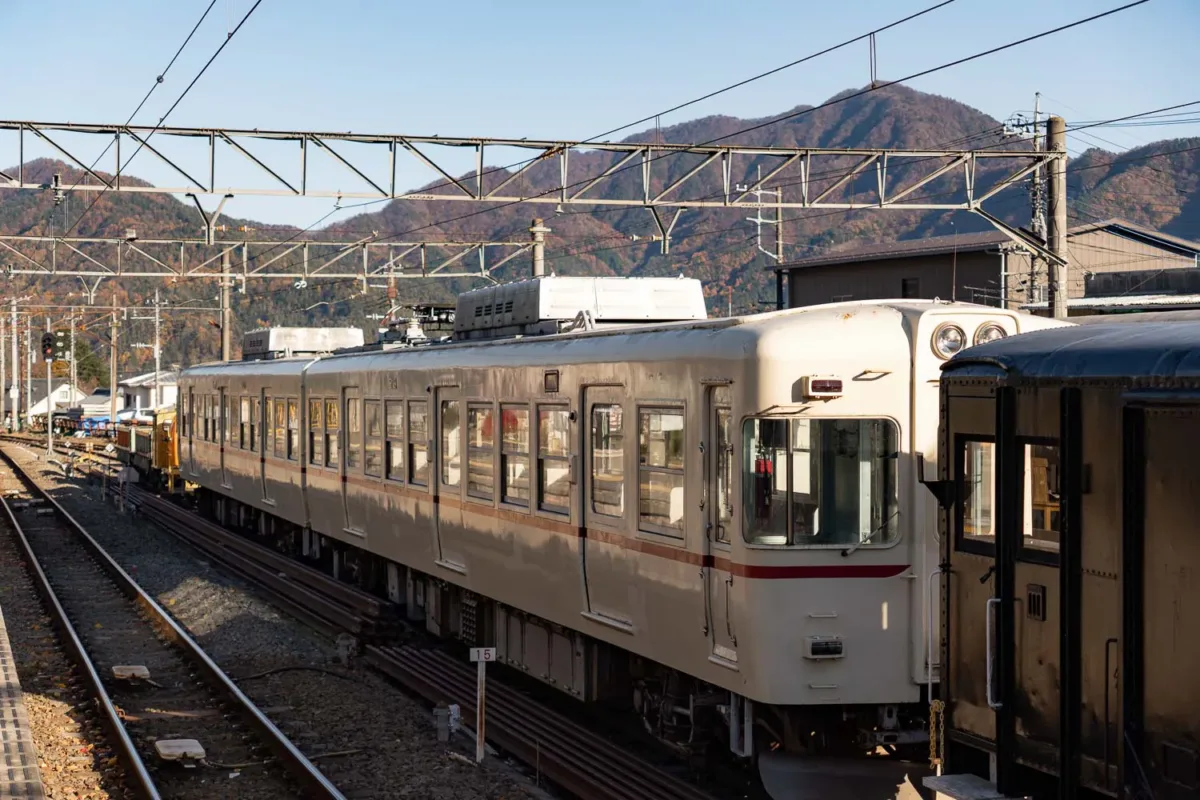 Tren local en marcha, con las montañas asomando por detrás en un entorno rural.