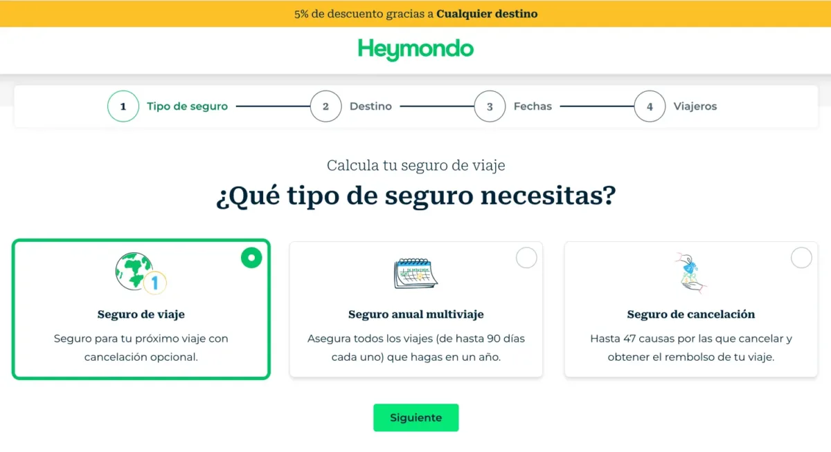 Pantalla para contratar el seguro de con descuento Heymondo con opciones a escoger
