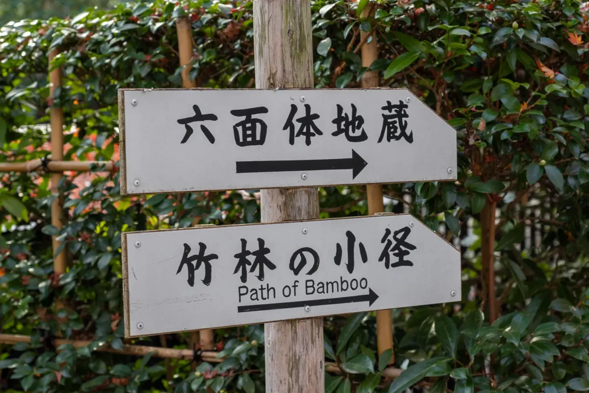 Cartel indicando dirección de un camino de bambú