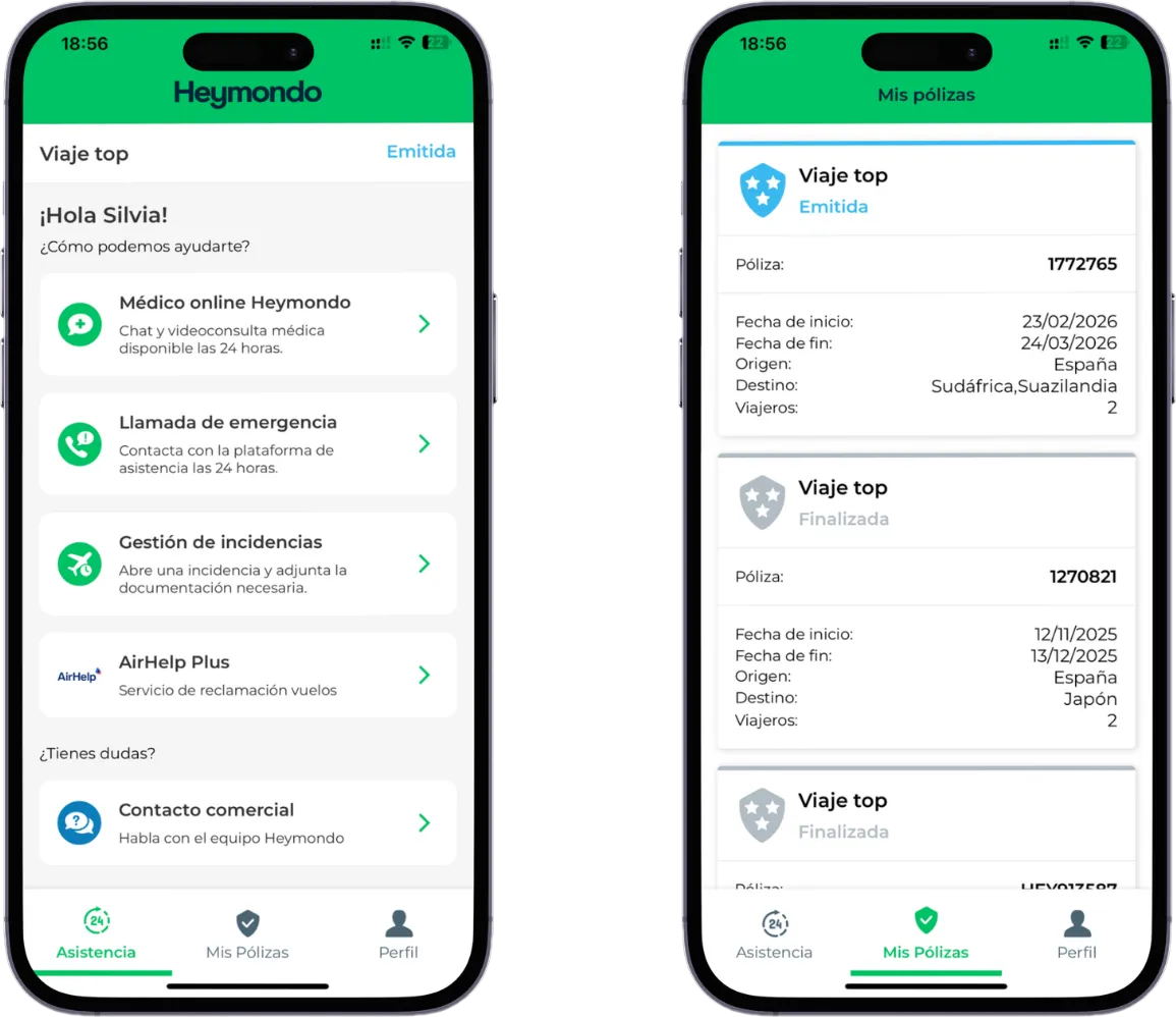 Capturas de móvil de la app de Heymondo