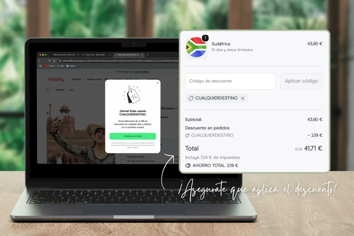 Compra de eSIM para tener internet en Sudáfrica con descuento aplicado en Holafly