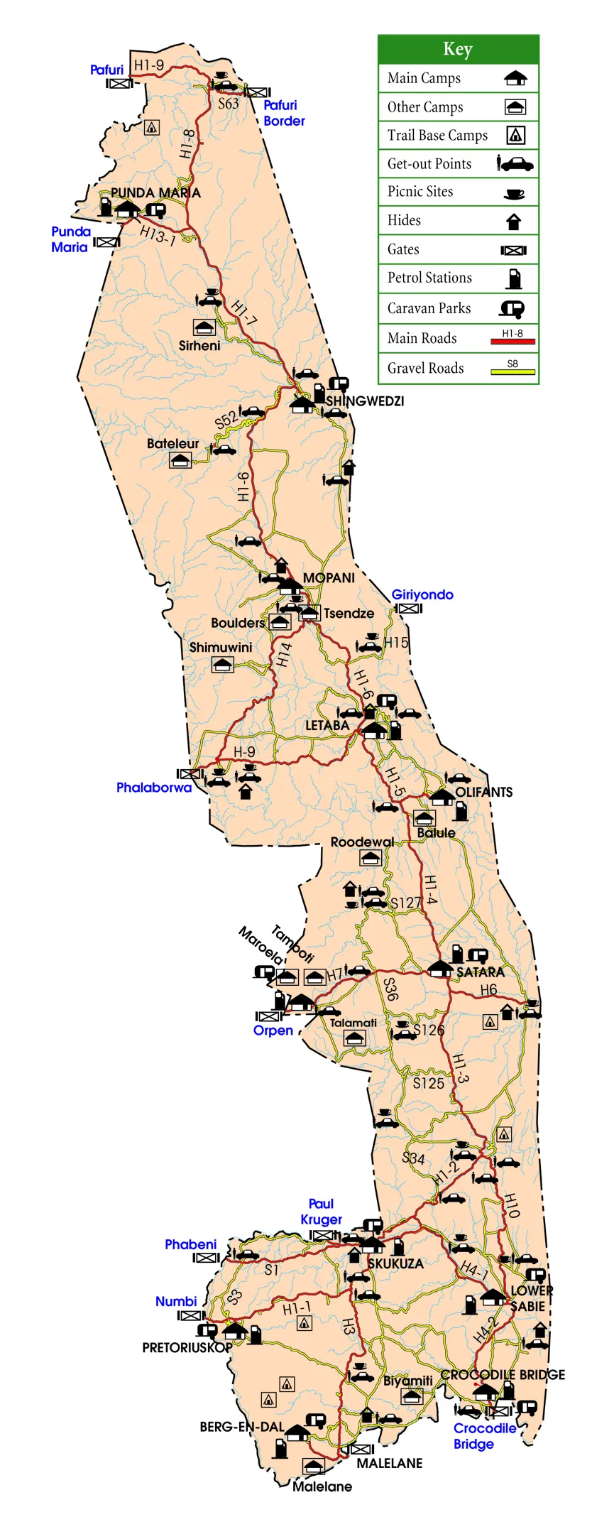 Mapa del Parque Nacional Kruger con carreteras, campamentos y puertas de entrada