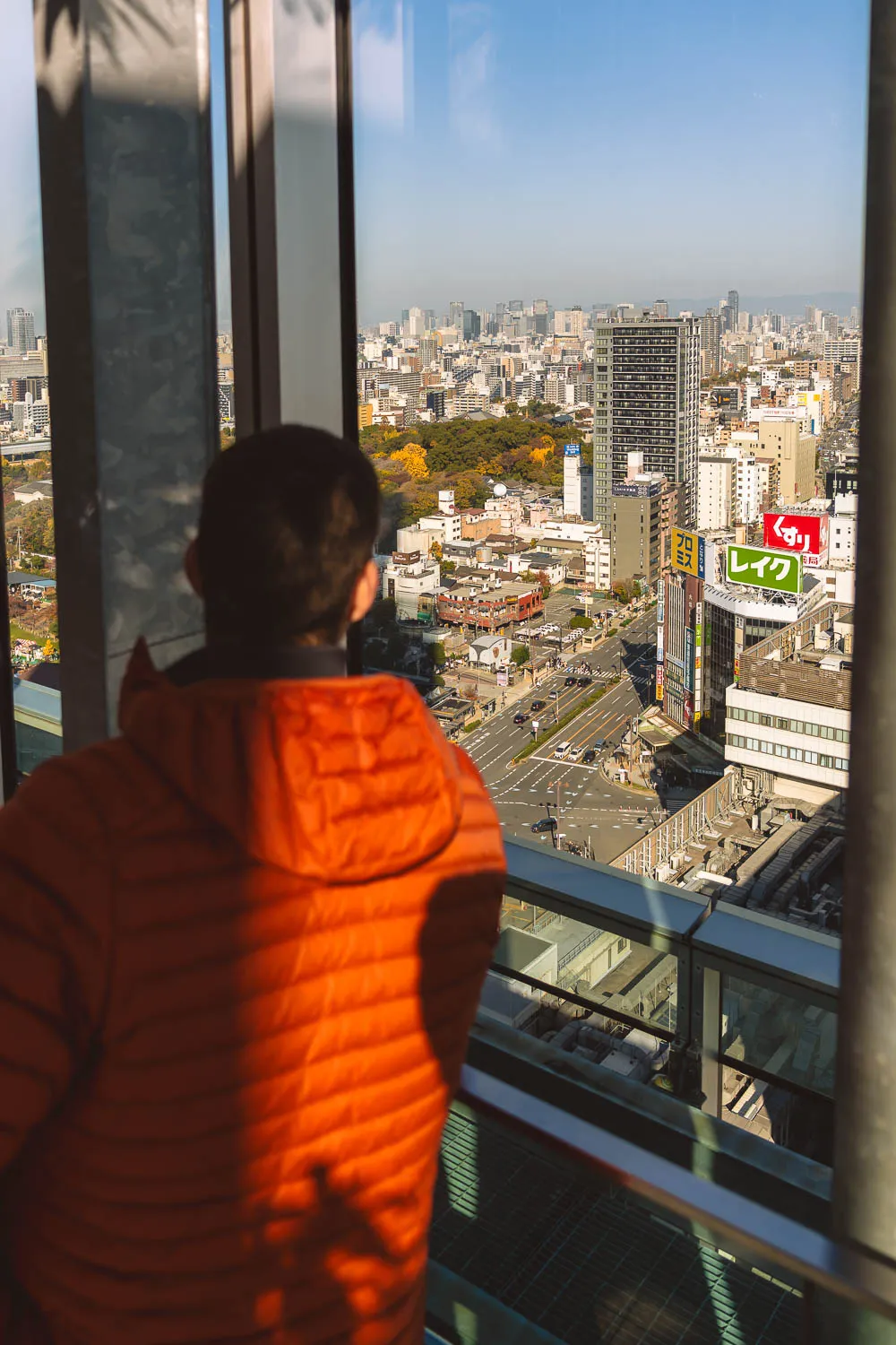 Chico de espaldas contemplando las vistas panorámicas a los edificios de Osaka