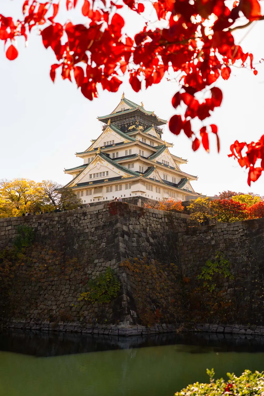 Castillo de Osaka, con el foso y hojas rojas del momiji, siendo uno de los lugares más bonitos que ver en Osaka en 2 días